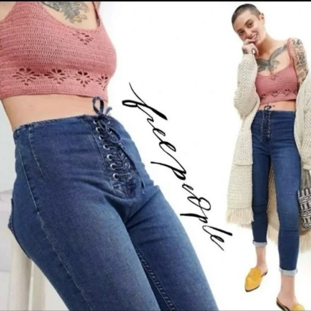 Free People Lace-Up Skinny Jeans Size 31 High Rise Dark Blue Wash